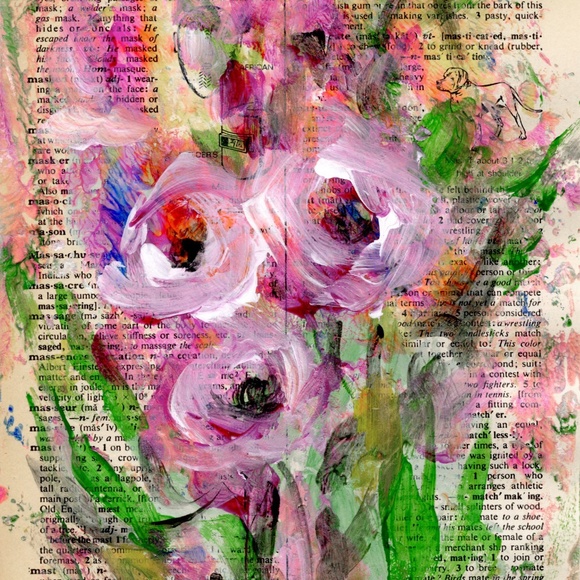 Original Floral painting on Vintage Dictionary Page page - Flora Songs 1 - Picture 2 of 4